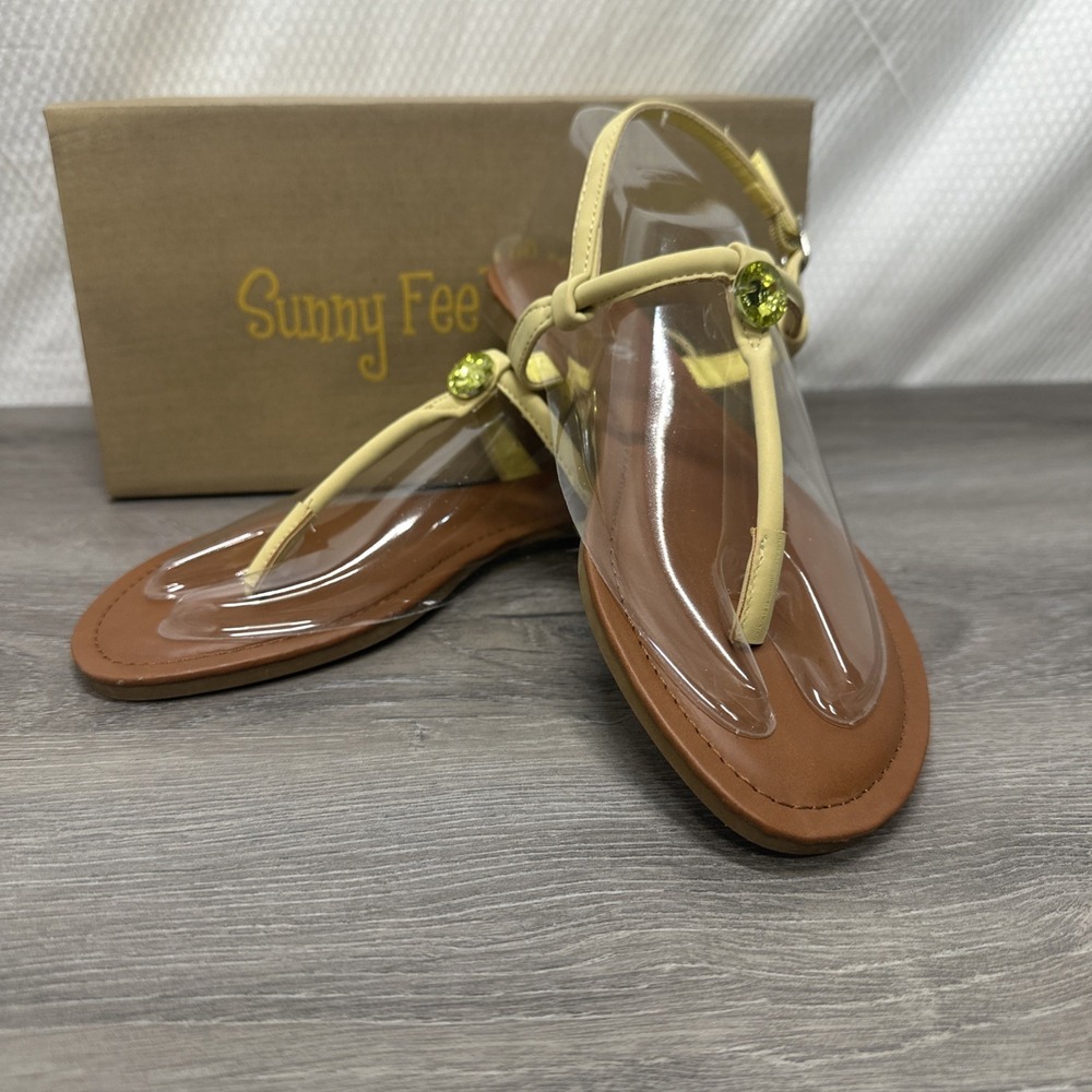 Women's Yellow Strappy Sandal Rhinestone Accent Flat Size 6 Flip Flop Beach Shoe